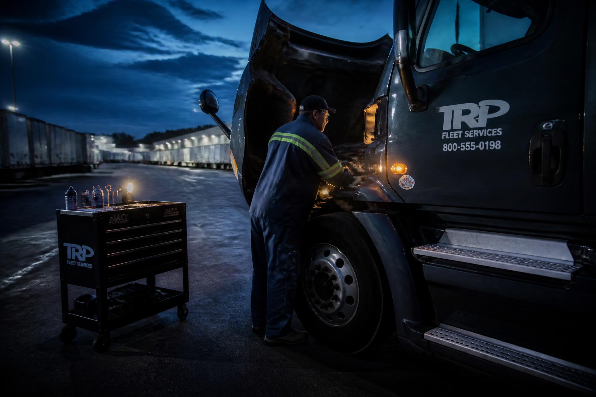 Fleet technician performing on-site maintenance on a commercial truck at dusk