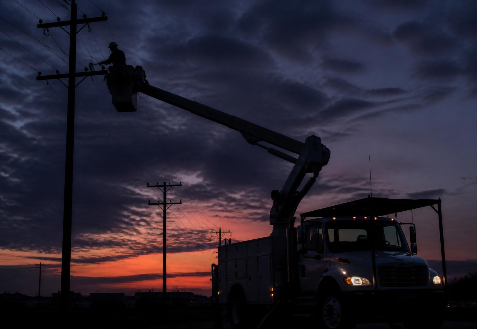 Utility bucket truck with extended boom at dusk